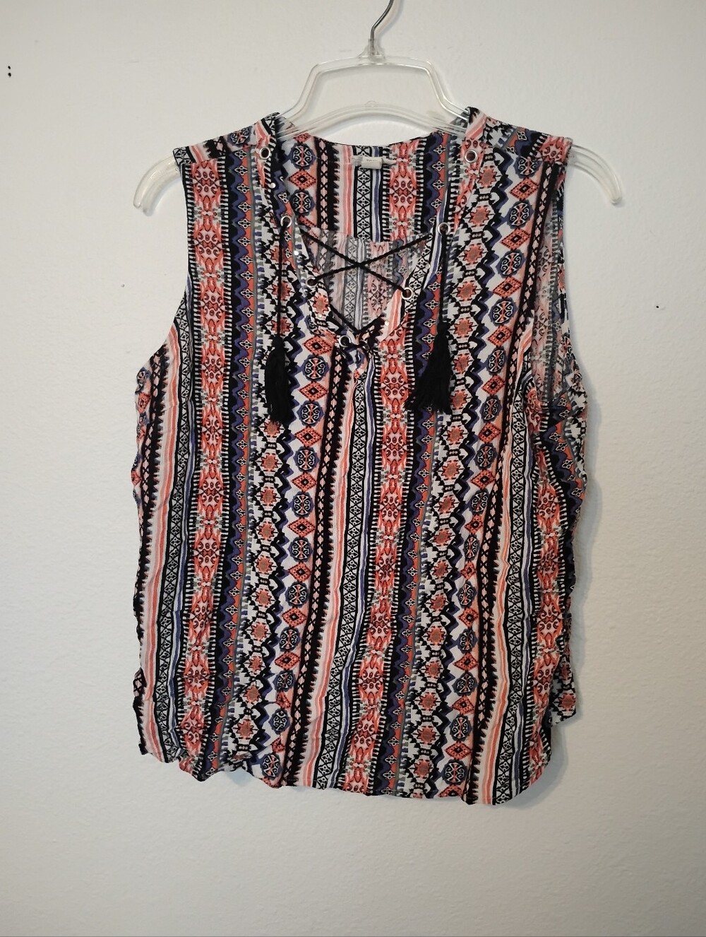 Tribal Jeans Multi Color Patterned Rayon Tie Front Tank Top
